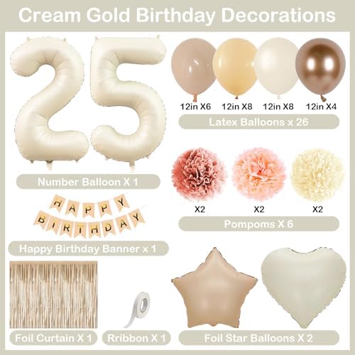 Beige Happy 25th Birthday Party Decoration for Her Cream Number 25 Balloon - Image 4