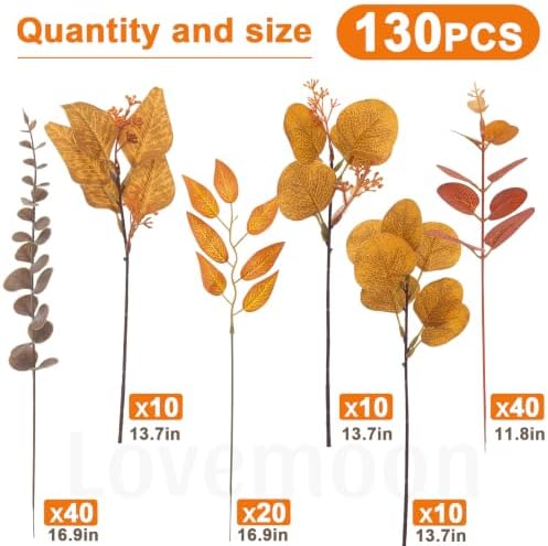 lovemoon 130 Pcs Fall Mixed Greenery Artificial Eucalyptus Stems, Orange - Image 3