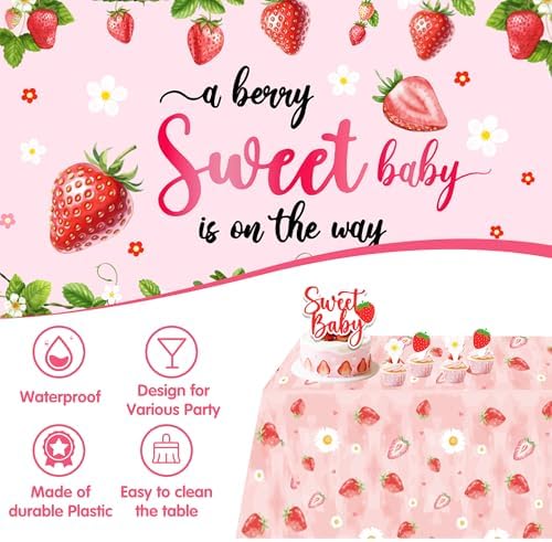 96Pcs Strawberry Baby Shower Decorations for Girl, Berry Sweet Theme Party Supplies with 4 Baby Boxes, 5x3ft Backdrop, Red Pink Balloon Garland Arch & Tablecloth for Summer Fruit Decor - Image 7