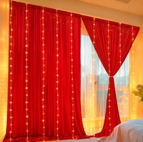 30 x 10ft Red Green Backdrop Curtains with Lights String - Image 5