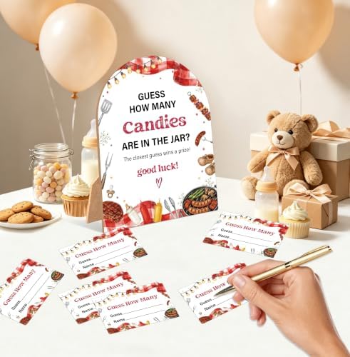 Baby-Q Baby Shower Game, BBQ Guess How Many Candies Are In The Jar, 6x8 Inch Arch Wooden Sign With Stand And 50 Guessing Cards, Gender Reveal Party Supplies & Decorations - JC12 - Image 3