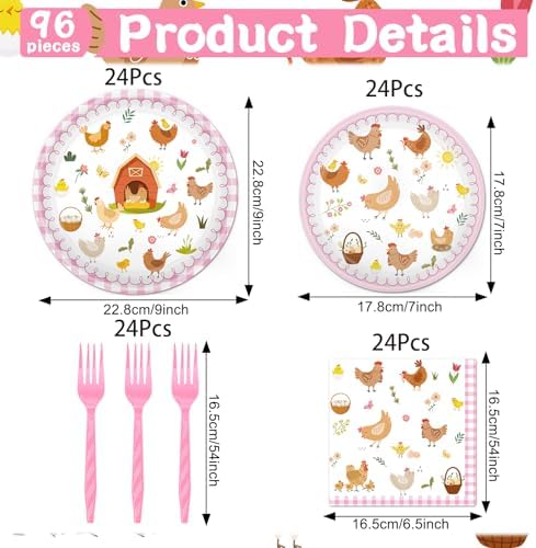 Chicken Birthday Tableware Decorations - 96PCS Chick Plates Napkins and Forks Party Supplies, Disposable Farm Animal Baby Shower Decor for Boys Girls Serve 24 - Image 2
