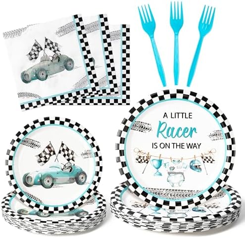 96Pcs Race Car Baby Shower Party Plates Supplies A Little Racer Is On The Way Racing Car Party Tableware Decorations Disposable Paper Plates Napkins Forks for Kids Birthday, Serves 24 by G1ngtar