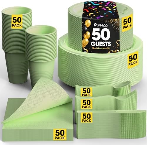 Pureegg Plastic Plates Set 350 Pcs Sage Green for 50 Guests by Pureegg