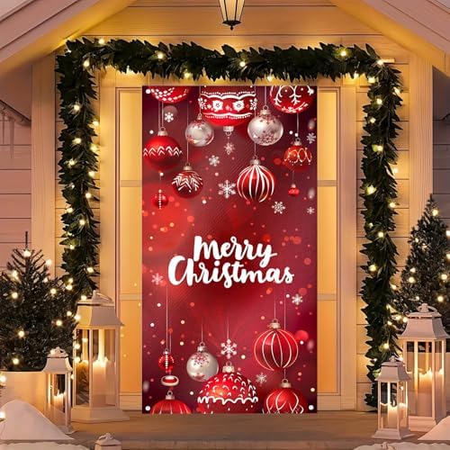 BlissYard Merry Christmas Door Cover 71x35 Inch Front Porch Door Banners Decoration Winter Red Hanging Christmas Ornaments with Snowflakes for Sign Party Indoor Decor - Image 4