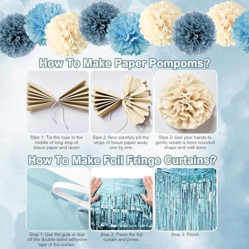 Blue Birthday Decorations, Retro Dusty Blue Sand White Gold Party Balloon Kit with Happy Birthday Banner Fringe Curtain Background Pom Poms Cake Topper for Baby Boys Girl Women Men Bday Decor Supplies - Image 6