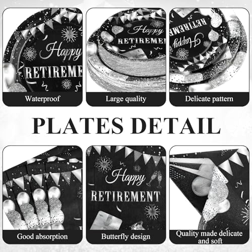Funnymoom 452 Pcs Retirement Party Decorations Supplies Set Include Black and Silver Retirement Paper Plates Napkins Cups Tablecloth Cutlery Straws for Men Women Say Goodbye Party - Image 2