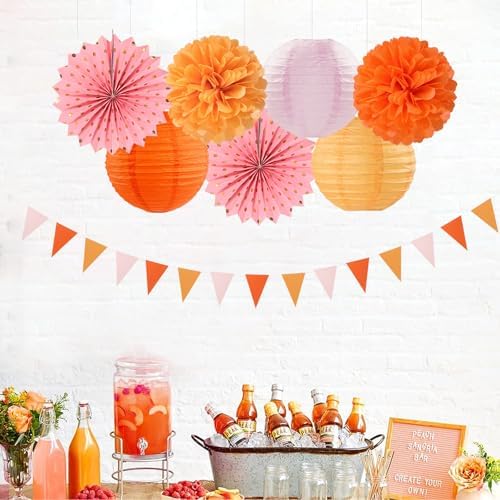 Pink-Orange Groovy Party-Decorations - 20pcs Fall Autumn Thanksgiving Harvest Paper Streamers Lanterns Fans,Tissue Pom Poms,Honeycomb Balls,Bunting,Birthday Baby Bridal Shower Wedding Decor Burgleda - Image 5