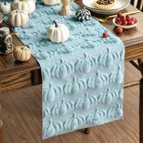 Artoid Mode Blue Soft Faux Fur Pumpkins Fall Table Runner 13x72 Inch by ArtoidMode