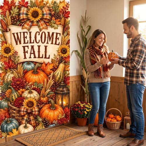 Fall Door Banner 35x71 Inch Welcome Fall Vertical Front Door Cover Pumpkins Sunflowers Maple Leaves Wheat Harvest Hanging Flag for Autumn Porch Yard Wall Farmhouse Thanksgiving Home Outdoor Decor - Image 7