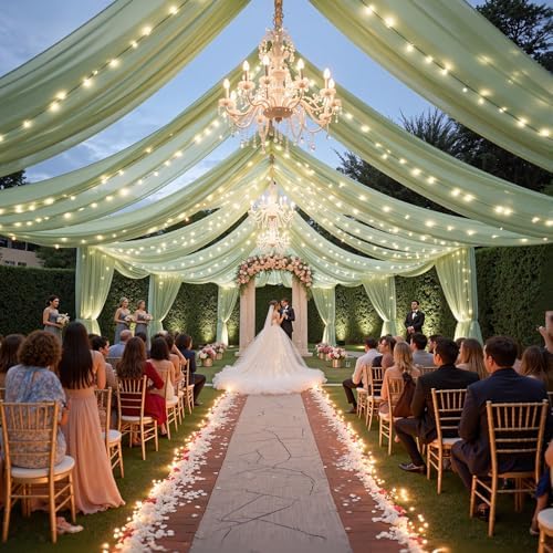 6 Panels Green Ceiling Curtains with Lights for Weddings - 5ftx10ft Wrinkle-Free Tulle Fabric Wedding Arch Draping Ceiling Drapes Decorations for Wedding Party Ceremony Stage Tent Event - Image 5
