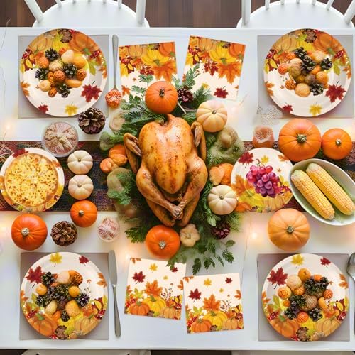150 Pcs Thanksgiving Plates and Napkins Sets - Fall Pumpkin Maple Leaf Themed Dinnerware, Disposable Thanksgiving Paper Plates and Napkins Set for Give Thanks Party Decorations Supplies, Serve 50 - Image 2