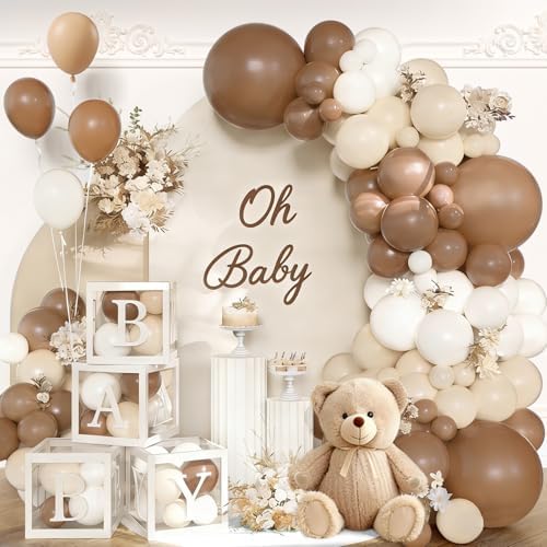 140Pcs Coffee Brown Baby Shower Decorations - Neutral Balloon Arch Garland Kit with 4 Baby Boxes - Mocha Beige Sand Nude Balloons for Teddy Bear Theme, A Baby Is Brewing, Gender Reveal Party by jenmir
