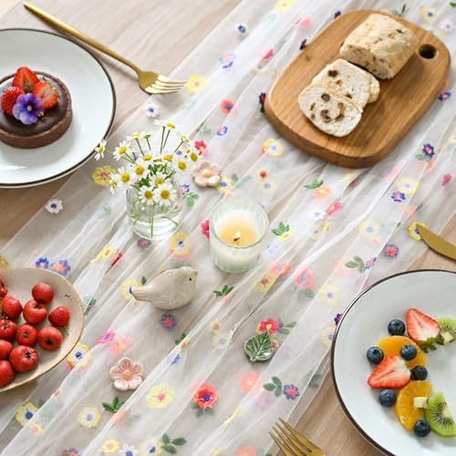 Artoid Mode 3PCS Embroidery Daisy Gauze Table Runner 120 Inch 10FT - Image 3