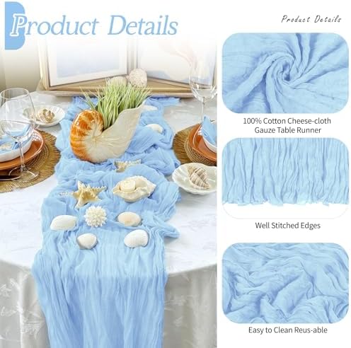 3 Pack Baby Blue Cheesecloth Table Runner 17x108 Inch Semi Sheer Boho Gauze Cheese Cloth Fabric Table Runners Table Decor for Wedding Party Baby Shower Birthday Home Decor Garden Farmhouse - Image 3