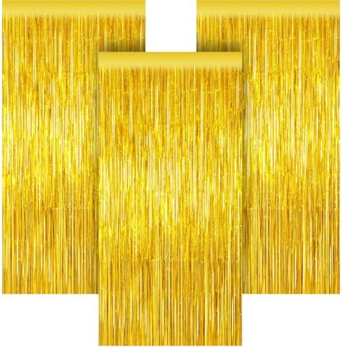 3 Pack 3.28ft x 6.56ft Gold Metallic Tinsel Foil Fringe Curtains, Photo Booth Backdrop Party Decorations for Birthday Wedding Baby Shower Graduation Bachelorette New Years by Unknown
