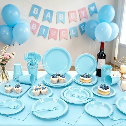 Light Blue Plastic Plates Party Set 30 Guests for Wedding Birthday - Image 5