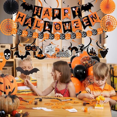 Fecedy Black Orange Happy Halloween Trick or Treat Banner Paper Fan Balloons & Swirl Streamers Goul Bat Cat Bird Ghost Pumpkin Lantern for Halloween Decorations - Image 6