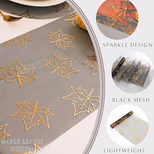 Snowkingdom Fall Table Runners, Gold Maple Leaves Thanksgiving Table Decorations for Autumn Harvest Sequin Glitter Lightweight Black Thin Mesh Sparkle Farmhouse Dining Party Decor 120 Inch - Image 3