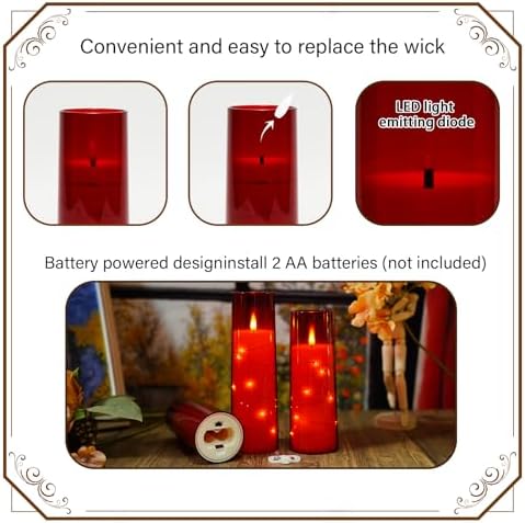 Nimiko Flickering Flameless LED Candles,Battery Operated Candles 9 Pcs with Embedded Star String,Acrylic LED Pillar Candles with Remote,Suitable for Home Decoration to Create an Atmosphere（Red） - Image 2