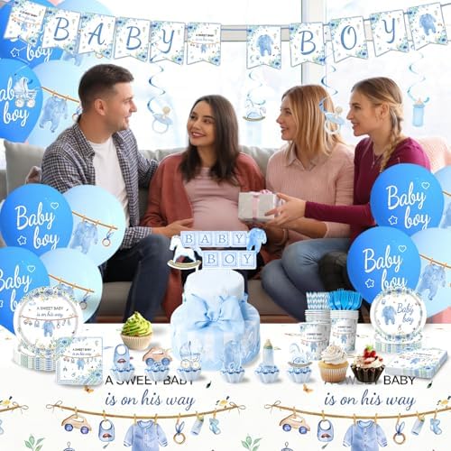 220 Pcs Blue Baby Shower Decorations 25 Guest All-in-One Party Supplies Kit with Disposable Tableware, Balloons, Hanging Swirl, Banner, Cake Toppper, Tablecloth for Baby Shower Decor - Image 4