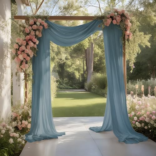 Dusty Blue Wedding Arch Draping Fabric Sheer Curtain Drapes 3 Panels | 20 ft Extra Long Shimmery Backdrop Curtains for Wedding Anniversary Party Summer Outdoor Events Drapery Photo Background - Image 5