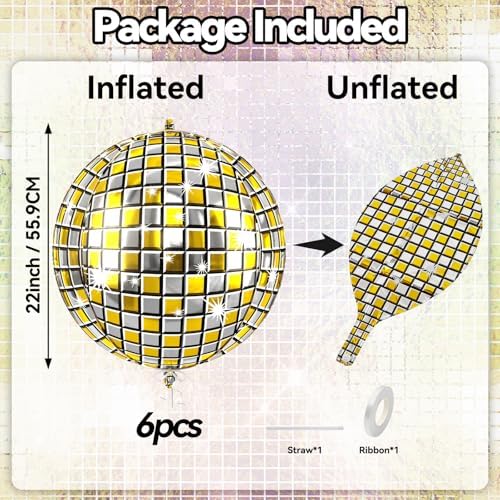 6pcs 22 Inch Gold Disco Ball Balloons, Gold Silver Big Disco Balloons, 4d Large Foil Aluminum Balloon For Birthday Baby Shower 70s 80s 90s Theme Party Wedding Engagement Graduation New Year Decoration - Image 2