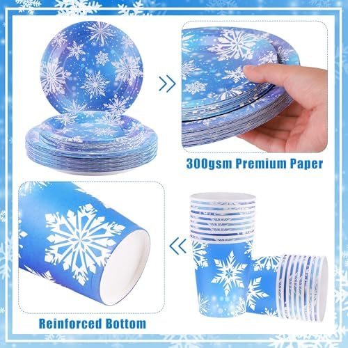 durony 144 Pieces Frozen Paper Plates and Napkins Dinnerware Set Winter Snowflake Party Tableware Supplies Includes Paper Plates Napkins Forks Serve 24 for Christmas Party Supplies - Image 3