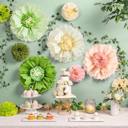 SUNBEAUTY 4 PCS 20" Sage Green Giant Paper Flowers Large Crepe Paper Tissue Flowers Artificial Decorations for Spring Summer Flower Wall Backdrop Birthday Party Wedding Baby Shower Bridal Easter Decor - Image 3