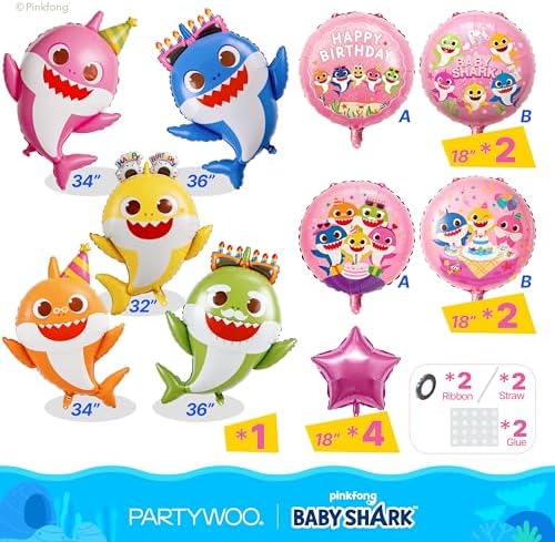 PartyWoo Baby Shark Pink Round Star Mylar Helium Boys Foil Balloons 13pcs - Image 3