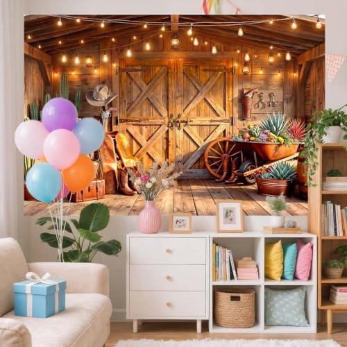 Western Cowboy Barn Wooden Door Backdrop Rustic Farm Hay Cactus Country Farmhouse Photography Background for Party Birthday Portrait Photo Booth Decor 6x6 FT - Image 6