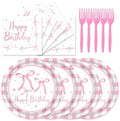 72Pcs Pink Bow Plates and Napkins, Coquette Birthday Party Supplies Pink Bow Paper Plates and Napkins Forks Tableware Decorations for 24 Guests by Unknown
