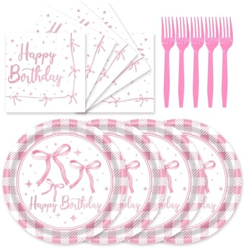 72Pcs Pink Bow Plates and Napkins, Coquette Birthday Party Supplies Pink Bow Paper Plates and Napkins Forks Tableware Decorations for 24 Guests by Unknown