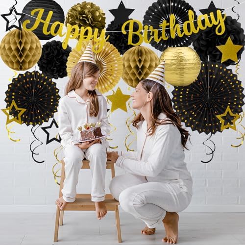 Black Gold Birthday Party-Decorations - 29pcs Black Gold Party Decorations for Men Women, Happy Birthday Banner Paper Streamers Lanterns Tissue Pom Poms - ZERODECO - Image 5
