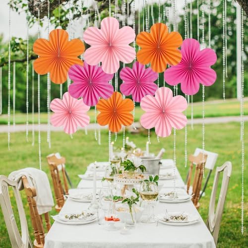 SUNBEAUTY 9 Pcs Hot Pink and Orange Paper Flowers Decorations for Wall, Spring Summer Vibrant Decorations for Wall Rock Party Girl Groovy Birthday Baby Shower Wedding Bachelorette Room Hanging Decor - Image 5