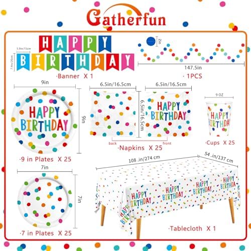 Happy Birthday Decorations: Happy Birthday Party Supplies Set with Birthday Dots Design- Includes Disposable Paper Birthday Plates and Napkins, Cups, Tablecloth, and Banner for decorations, Serves 25. - Image 2