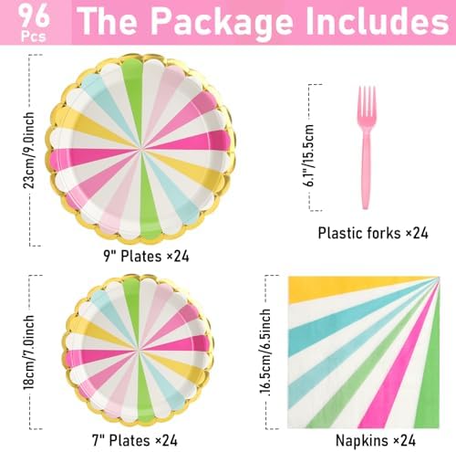 96PCS Colorful Party Paper Plates with Gold Scalloped Edge, Colorful Scalloped 9inch 7inch Dessert Paper Plates Party Supplies for Birthday Bridal Shower Picnic, Serve for 24 Guests, Striped - Image 3