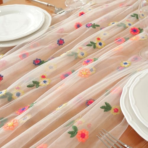 3pcs Champagne Embroidery Daisy Fall Table Runner 10ft Florals Seasonal Tulle Table Runner Holiday Kitchen Dining Table Decoration for Home Party Indoor - Image 6