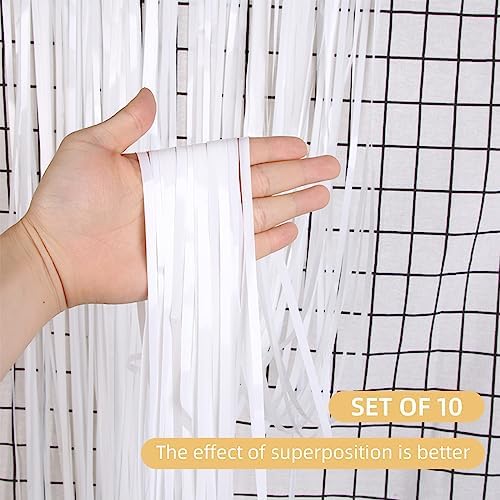 10 Pack White Foil Curtain Backdrop 3.2ft x 9.8ft Black Metallic Tinsel Foil Fringe Curtains Streamer Photo Booth Backdrop for Birthday Party Engagement Bachelorette Party Decorations (White) - Image 2
