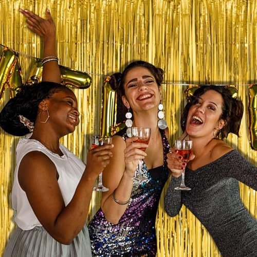 2 Pack Gold Fringe Curtain Backdrop Tinsel Streamers Birthday Party Decorations Christmas Photo Booth Backdrop Halloween New Year Graduation Baby Shower Theme Party Decorations - Image 3