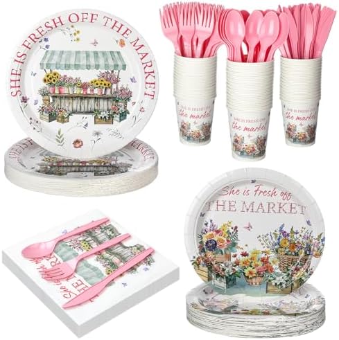 Yungyan 252 Pcs She Is Fresh off the Market Bridal Shower Party Tableware Set Included Plates Napkins Cups Forks Knives Cutlery for Party Decorations Supplies 36 guests by Yungyan