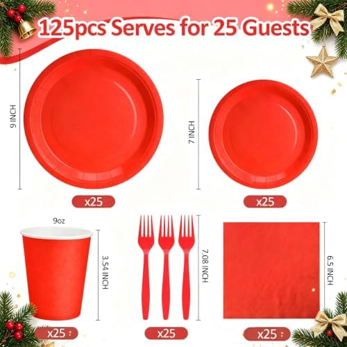 Red Paper Plates and Napkins Party Supplies, 9’’Disposable Red Plates, 7’’Dessert Plate and Cups and Napkins Forks Set for Christmas, New Years, Valentines Days, Birthdays, Graduations, Serves 25 - Image 2