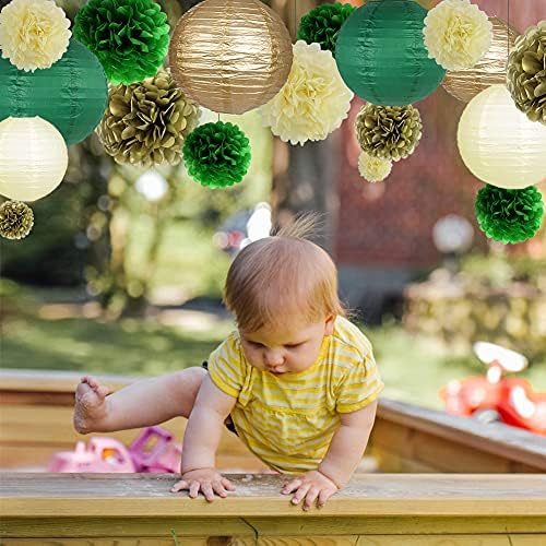 Paper Lanterns Paper Pom Poms Green and Gold Party Decorations 15pcs - Image 5