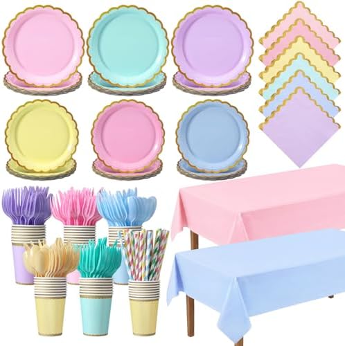 Vesici 452 Pcs Pastel Party Supplies Set for 50 Guests, 6 Colors by Vesici