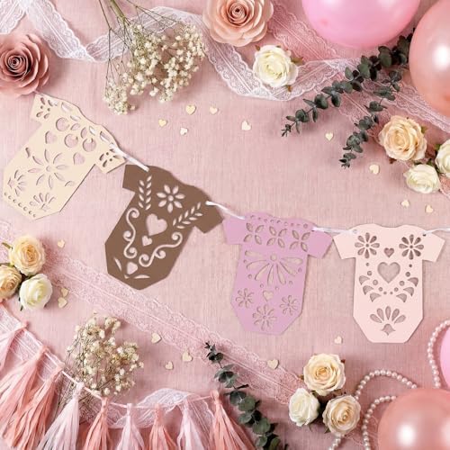 AmazingSpark 4 Set Cielito Lindo Baby Shower Garland 48 Pcs Pink Papel Picado Party Decorations Mexican Lace Baby Bodysuit Banner Card with Hanging String for Gender Neutral Party Supplies - Image 3