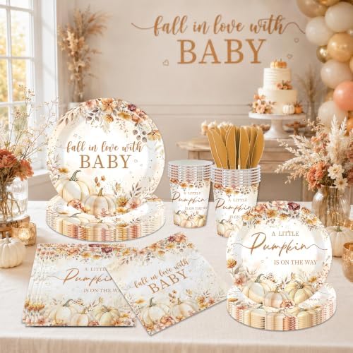Little Pumpkin Baby Shower Decorations - Fall in Love With Baby Tableware Boho Autumn Floral Thanksgiving Party Supplies for A Little Pumpkin is On The Way Baby Shower Decor Serve 24 - Image 5