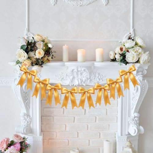 1 String of 8PCS Golden Bow Garland Banner Decoration,Pre-Strung Satin Ribbon Ornaments for Birthday,Bachelorette Party,Bridal Shower,Wedding,Engagement,Baby Shower,Graduation Decor,Anniversary - Image 4