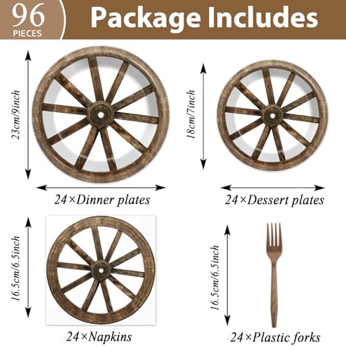 96Pcs Western Cowboy Party Paper Plates and Napkins for Western Party Supplies Wooden Wagon Wheels Themed Paper Dessert Plates Tableware Set for Kids Boys 24 Guests Birthday Party Decoration - Image 2