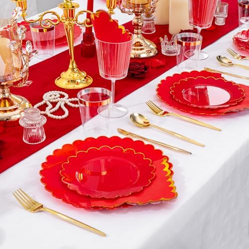 LIYH 210 Pcs Red Gold Scalloped Plastic Plates, Red Plates for Party - Image 6