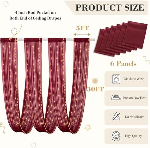 6 Panels Burgundy Ceiling Curtains with Lights for Weddings - 5ftx30ft Wrinkle-Free Tulle Fabric Wedding Arch Draping Ceiling Drapes Decorations for Wedding Party Ceremony Stage Tent Event - Image 2